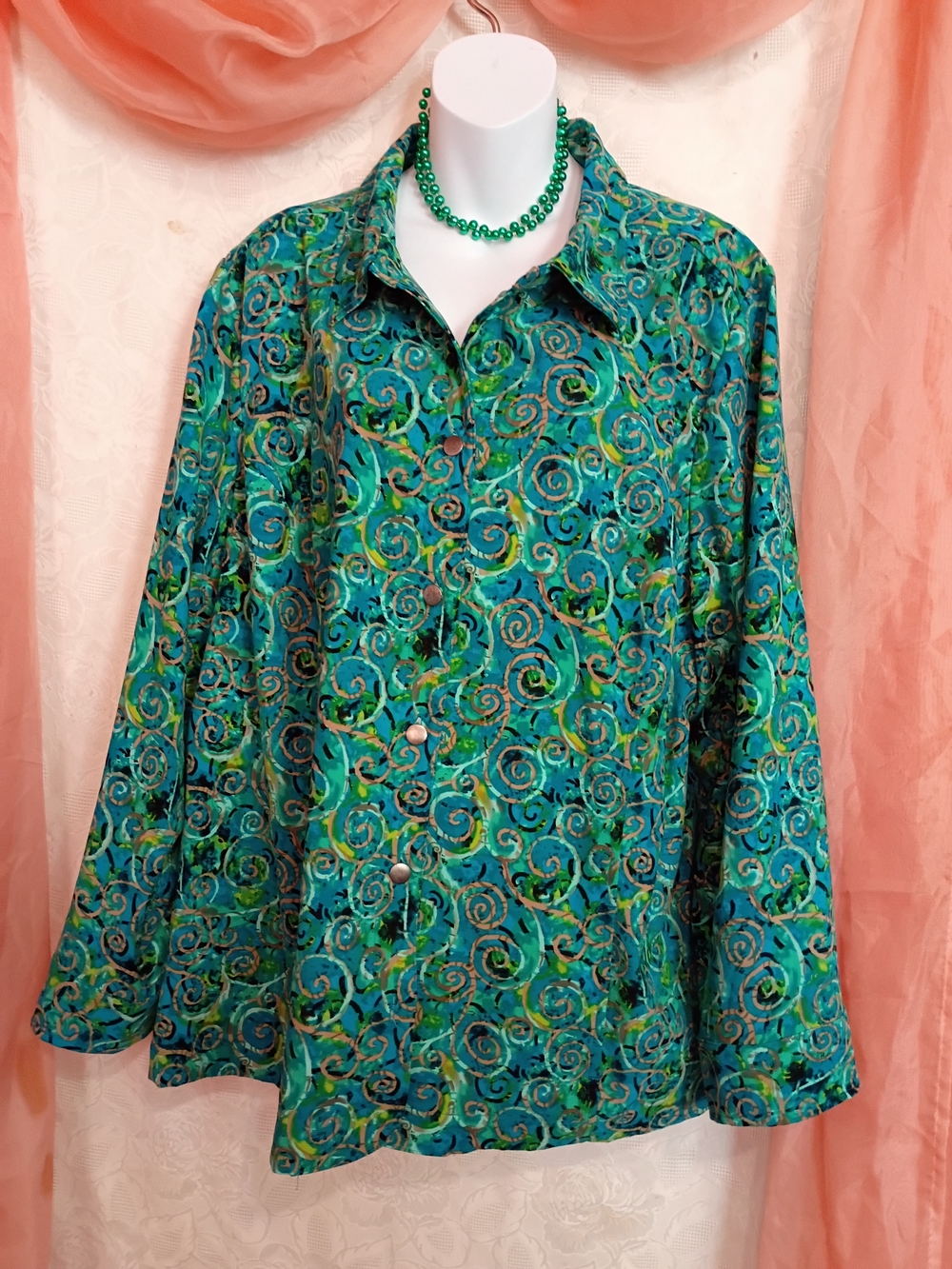 CJ Banks Ladies Teal & Green Swirl Button-Up Jacket Sz 3X